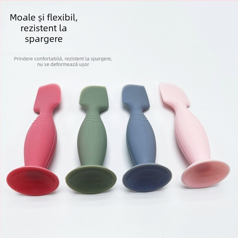 Aplicator din silicon pentru unguente la bebeluți, cu ventuză, spatulă verde și linguriță