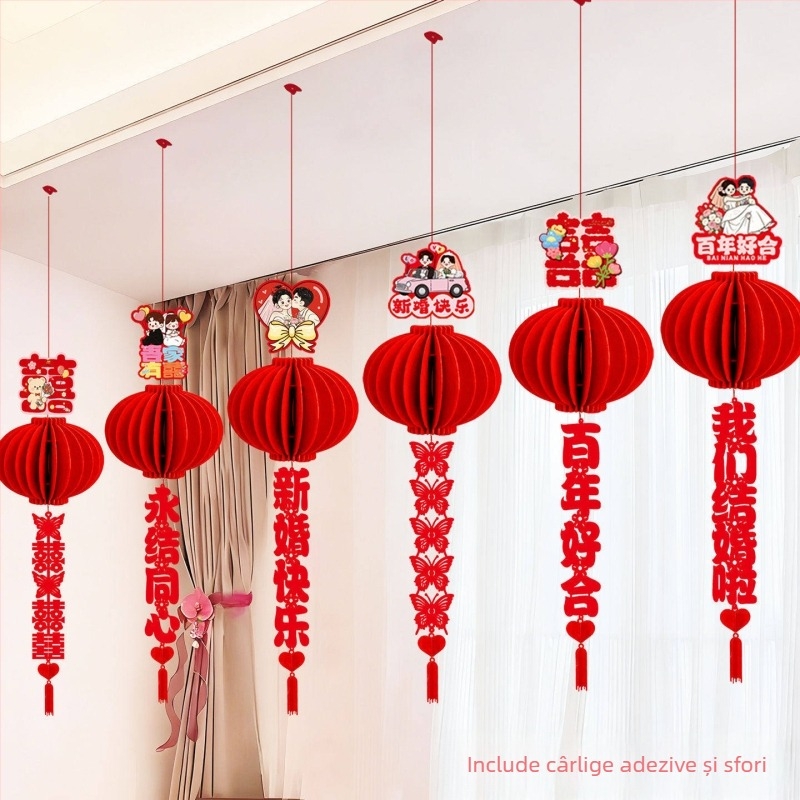 Lampion din hârtie cu model fagure, simbolul Dublă Fericire, decor de nuntă pentru sufragerie și tavan