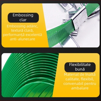 Bandă verde PET, șină plastic-otel 1608, rezistență la tracțiune 450 kg, dimensiuni 16x8 mm