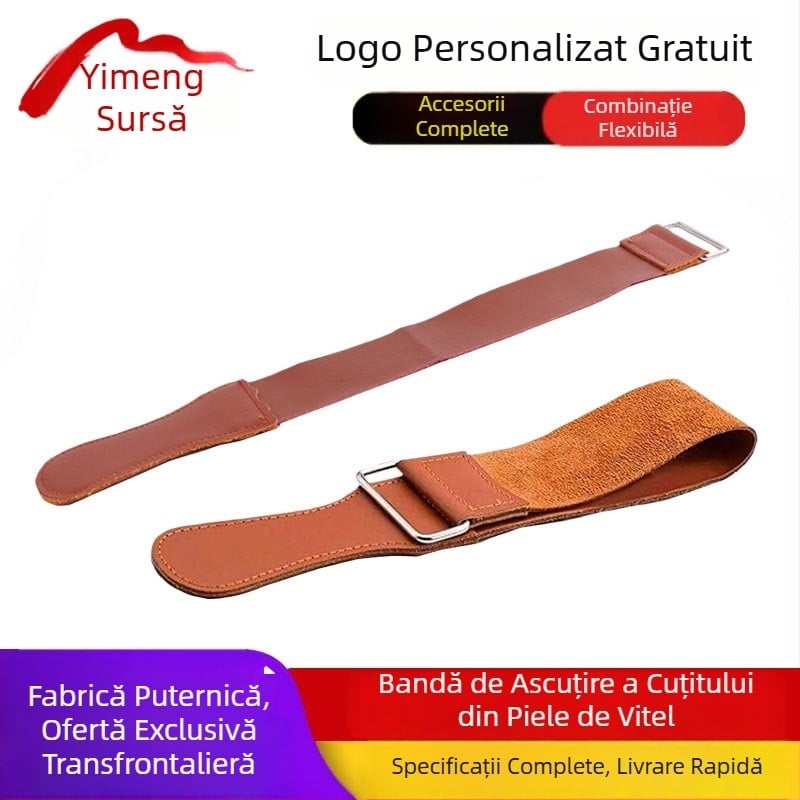 Set din piele de vițel pentru ascuțirea briciului cu inel metalic, țesătură de ascuțire, piatră de ascuțit și cataramă pătrată
