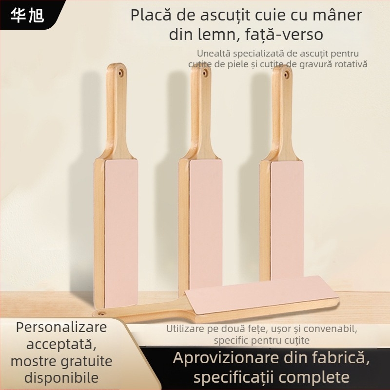 Placă dublă pentru ascuțit, cu mâner din lemn, pentru lustruirea pielii și ascuțirea cuțitelor