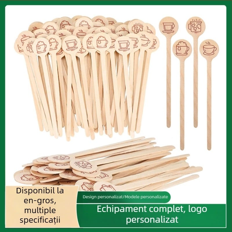 Bastoane de cafea din lemn, de unică folosință, cu cap rotund, lungimi 150/160/180 mm, imprimat cu logo, ambalate individual