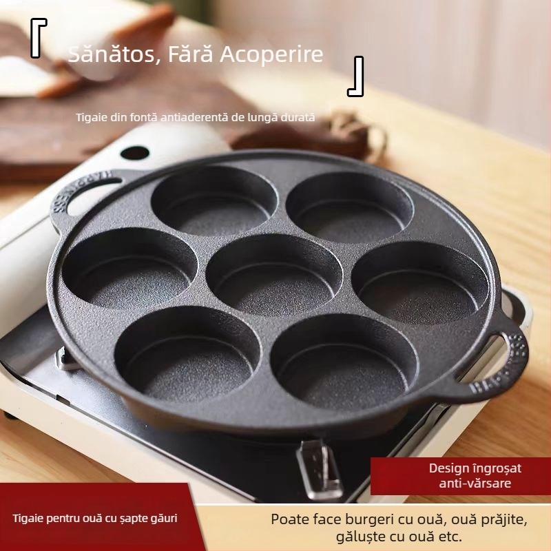 Tigău din fontă cu șapte găuri pentru ouă, cavități adânci, formă pentru burgeri, antiaderent, uz comercial