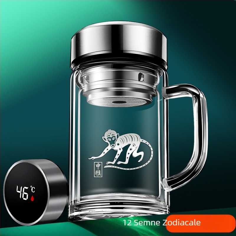 Cana de ceai din borosilicat cu mâner, pereți dubli, zodiac, pentru casă și birou