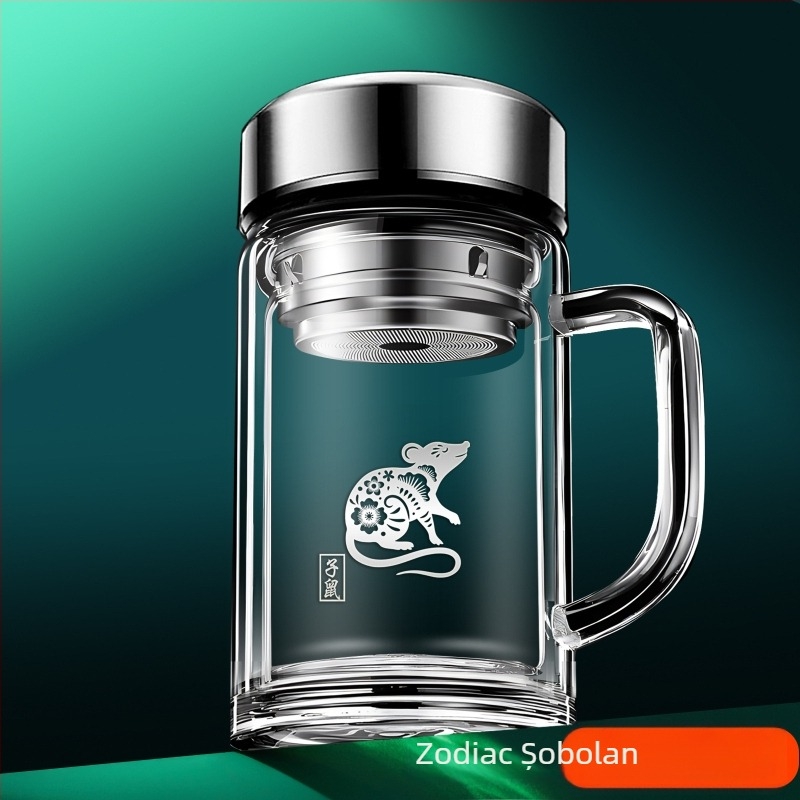 Cana de ceai din borosilicat cu mâner, pereți dubli, zodiac, pentru casă și birou