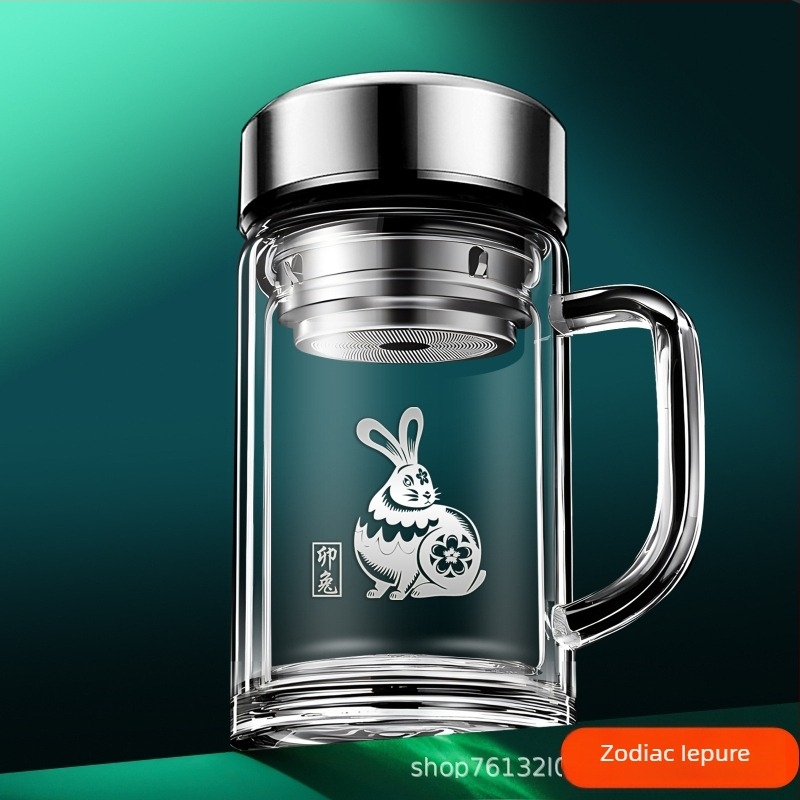 Cana de ceai din borosilicat cu mâner, pereți dubli, zodiac, pentru casă și birou