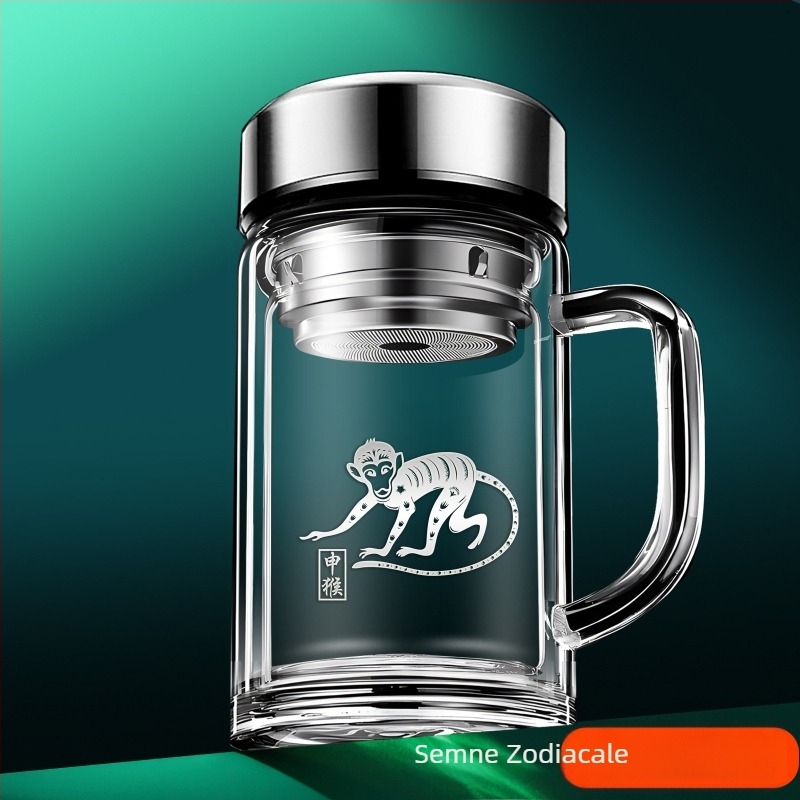 Cana de ceai din borosilicat cu mâner, pereți dubli, zodiac, pentru casă și birou