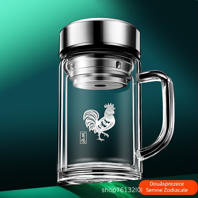 Cana de ceai din borosilicat cu mâner, pereți dubli, zodiac, pentru casă și birou