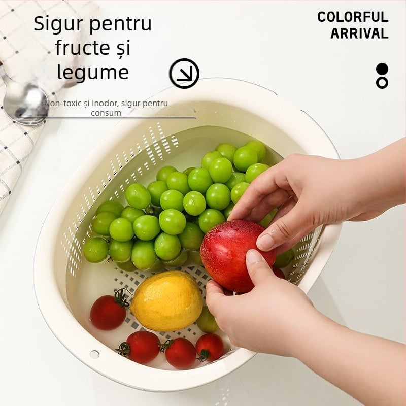 Coș dublu-strat pentru bucătărie, pentru spălarea legumelor și orezului, elegant platou pentru fructe