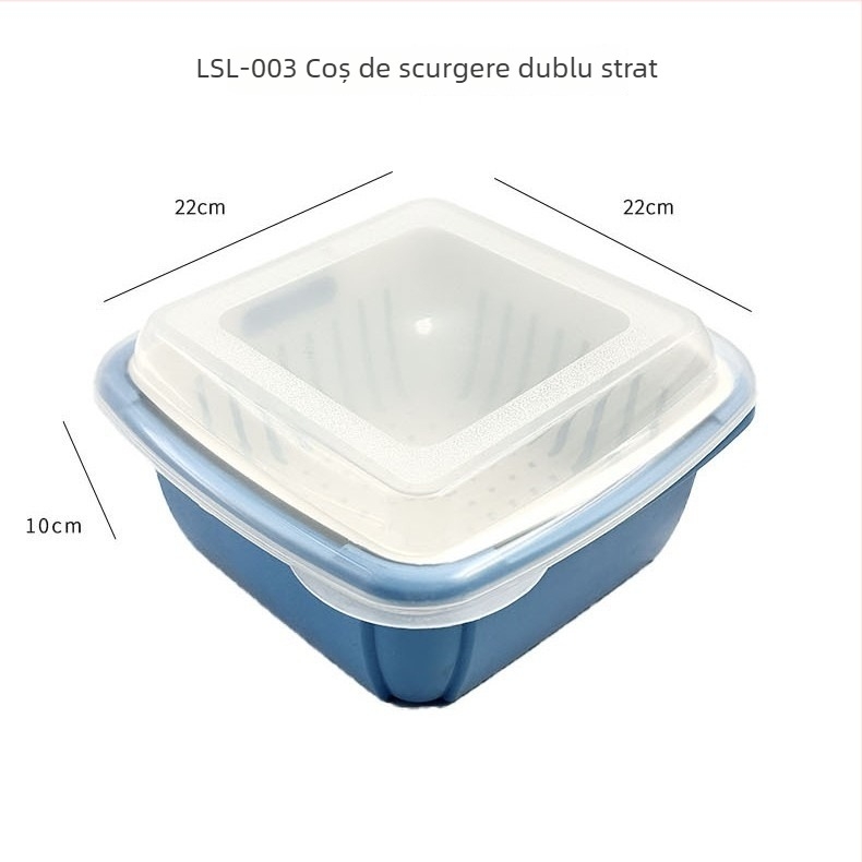 Coș dublu de bucătărie cu capac pentru spălarea și scurgerea fructelor și legumelor, coș de depozitare din plastic pentru frigider, culoare personalizabilă