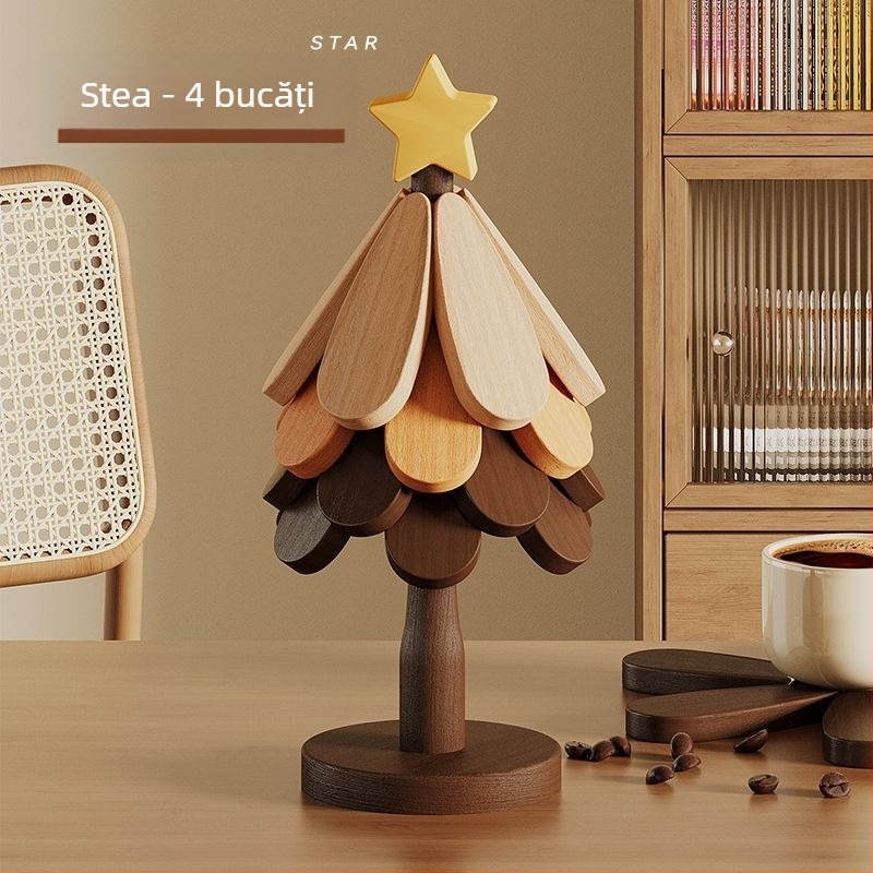 Suport din lemn în formă de brad, pentru cești și oale, protecție împotriva arsurilor, izolație termică, decor de birou