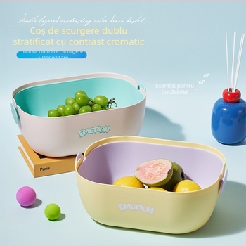 Coș dublu de scurgere pentru fructe și legume, din plastic, design drăguț de desene animate pentru bucătărie