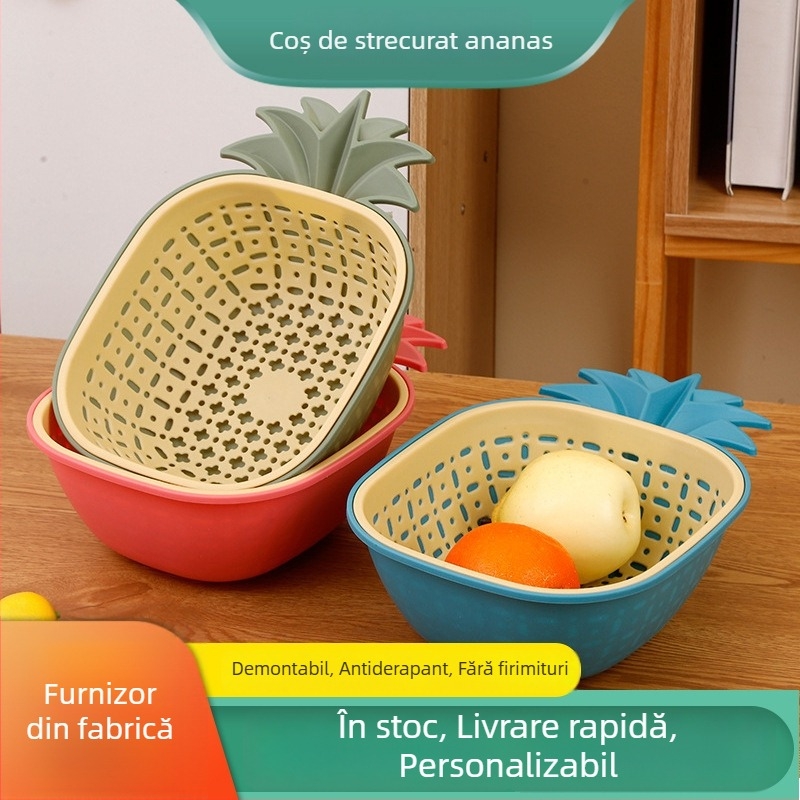 Coș de plastic, dublu nivel, pentru uz casnic, spălarea legumelor, separare uscat–umed, coș pentru fructe și legume