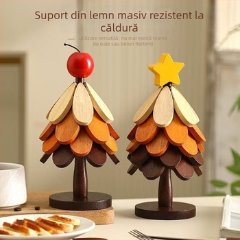 Covoraș izolant pentru casă cu motiv brad de Crăciun, decor de masă, suport din lemn pentru oale, suport pliabil pentru cești și farfurii, protecție împotriva arsurilor