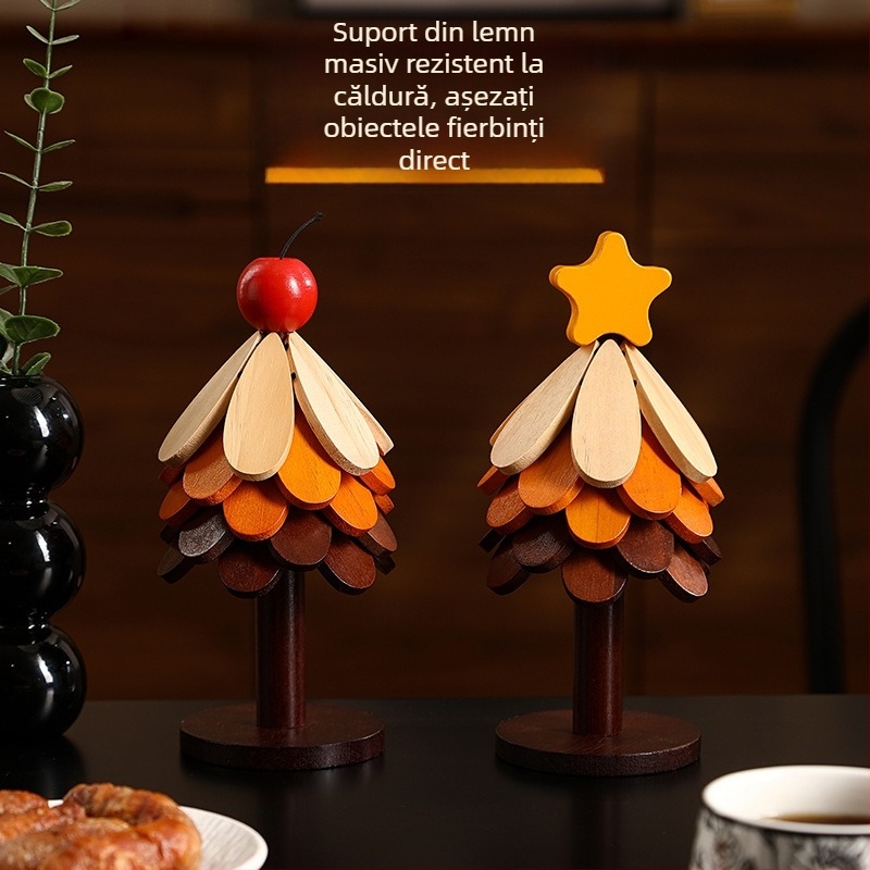 Covoraș izolant pentru casă cu motiv brad de Crăciun, decor de masă, suport din lemn pentru oale, suport pliabil pentru cești și farfurii, protecție împotriva arsurilor