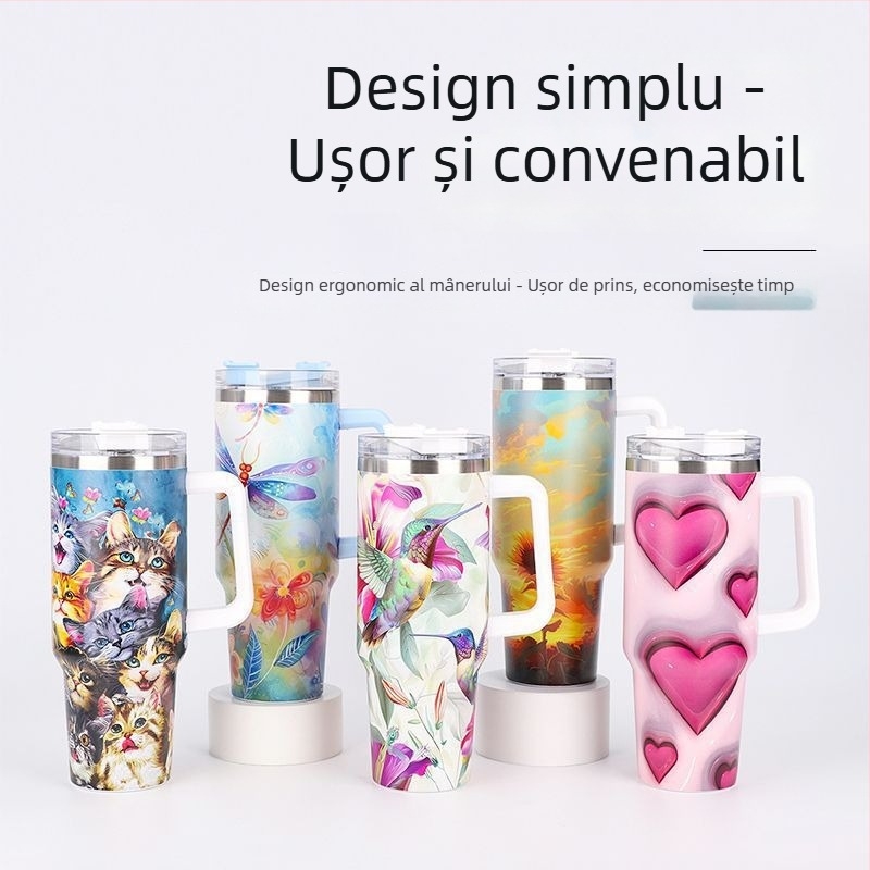 Cana termoizolantă portabilă cu mâner, interior din oțel inoxidabil 304, exterior din 201, capacitate mare 40 oz, imprimare personalizată