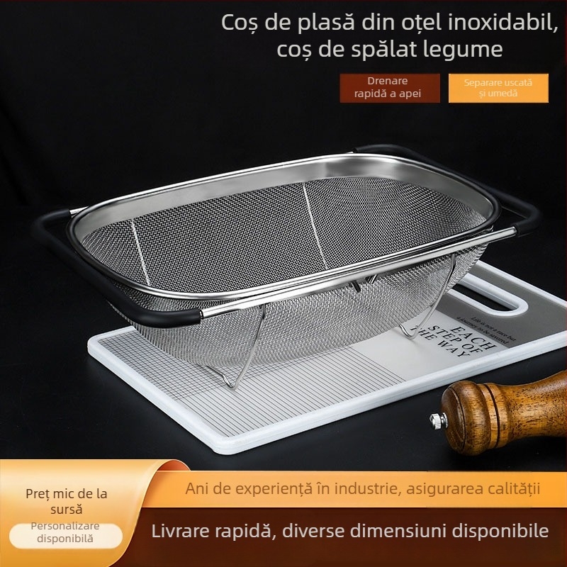 Coș din oțel inoxidabil pentru chiuvetă, pentru spălarea legumelor și fructelor, cu găuri dense, tijă telescopică, coș multifuncțional pentru spălat orez și scurgere