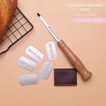 Cuțit din oțel inoxidabil pentru divizarea aluatului, mâner din lemn de fag, tăietor cu model pentru baghete și cuțit curbat pentru prăjituri și pâine