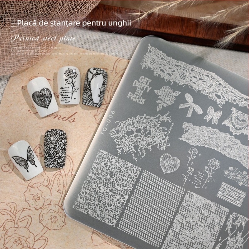 Tensor model elegant retro dantelă TG-006 placă de stamping pentru artă unghii cu panglică, fundă, inimă și trandafir