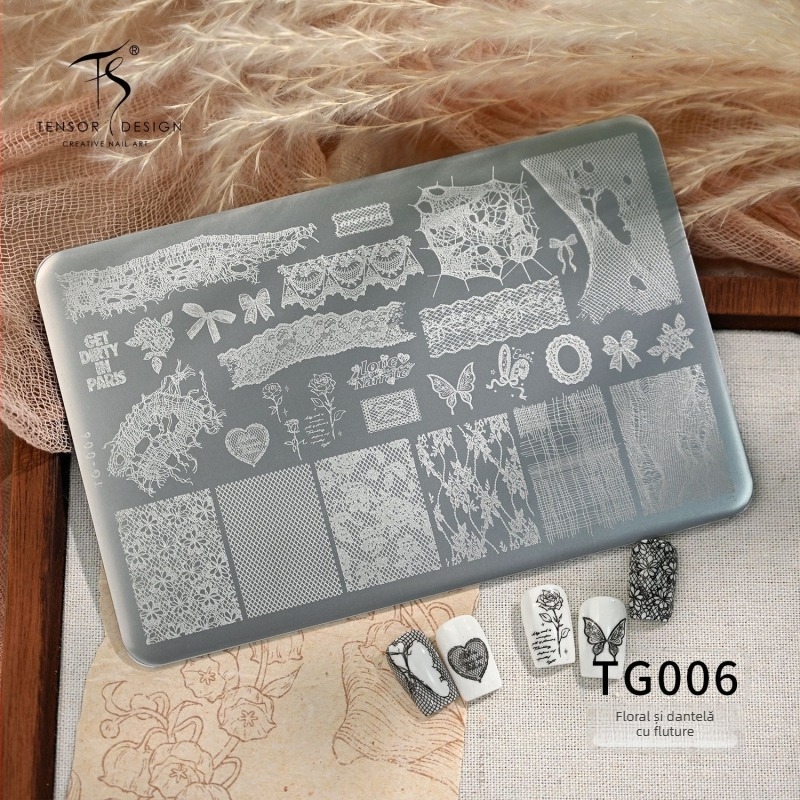 Tensor model elegant retro dantelă TG-006 placă de stamping pentru artă unghii cu panglică, fundă, inimă și trandafir