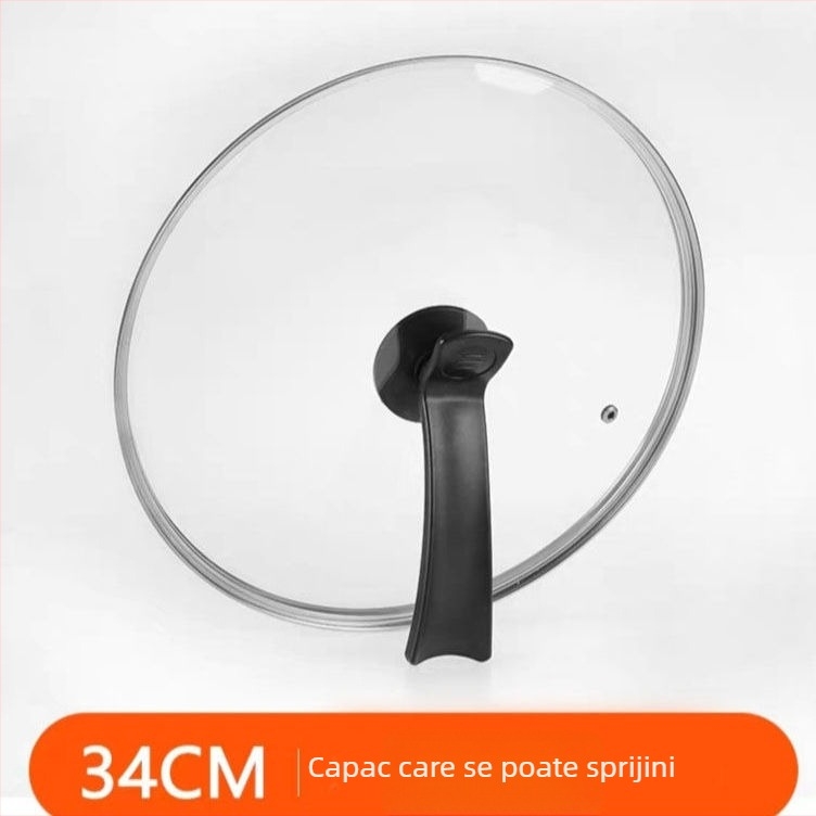 Capac de oală cu mâner din plastic, sticlă întărită, capac pentru tigaie cu fund plat