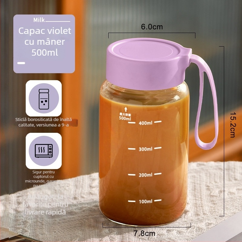 Pahar mic de sticlă cu scară de măsurare, portabil, cu capac, pentru lapte, lapte de soia sau cafea