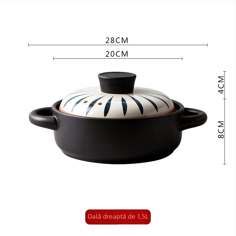 Caserolă ceramică rezistentă la foc deschis, cu mânere duble, oală rotundă pentru supe și tocănițe, potrivită pentru plită cu gaz