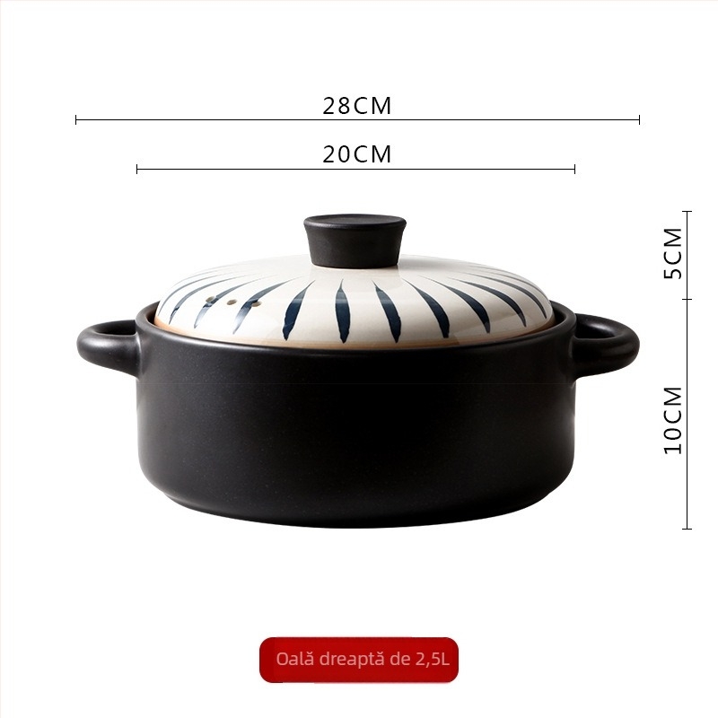Caserolă ceramică rezistentă la foc deschis, cu mânere duble, oală rotundă pentru supe și tocănițe, potrivită pentru plită cu gaz