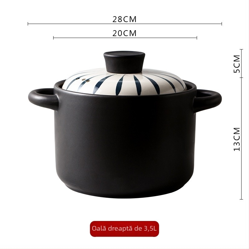 Caserolă ceramică rezistentă la foc deschis, cu mânere duble, oală rotundă pentru supe și tocănițe, potrivită pentru plită cu gaz