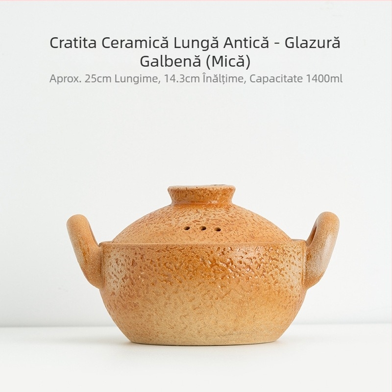 Caserolă ceramică vintage cu două mânere pentru supe și tocană, oală mică cu bază plată, rezistentă la temperaturi înalte, potrivită pentru aragaz cu gaz și flacără deschisă