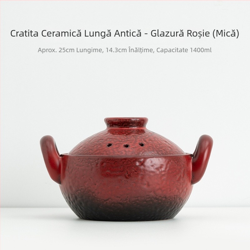 Caserolă ceramică vintage cu două mânere pentru supe și tocană, oală mică cu bază plată, rezistentă la temperaturi înalte, potrivită pentru aragaz cu gaz și flacără deschisă