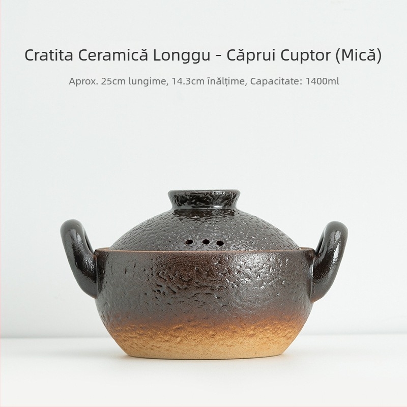 Caserolă ceramică vintage cu două mânere pentru supe și tocană, oală mică cu bază plată, rezistentă la temperaturi înalte, potrivită pentru aragaz cu gaz și flacără deschisă