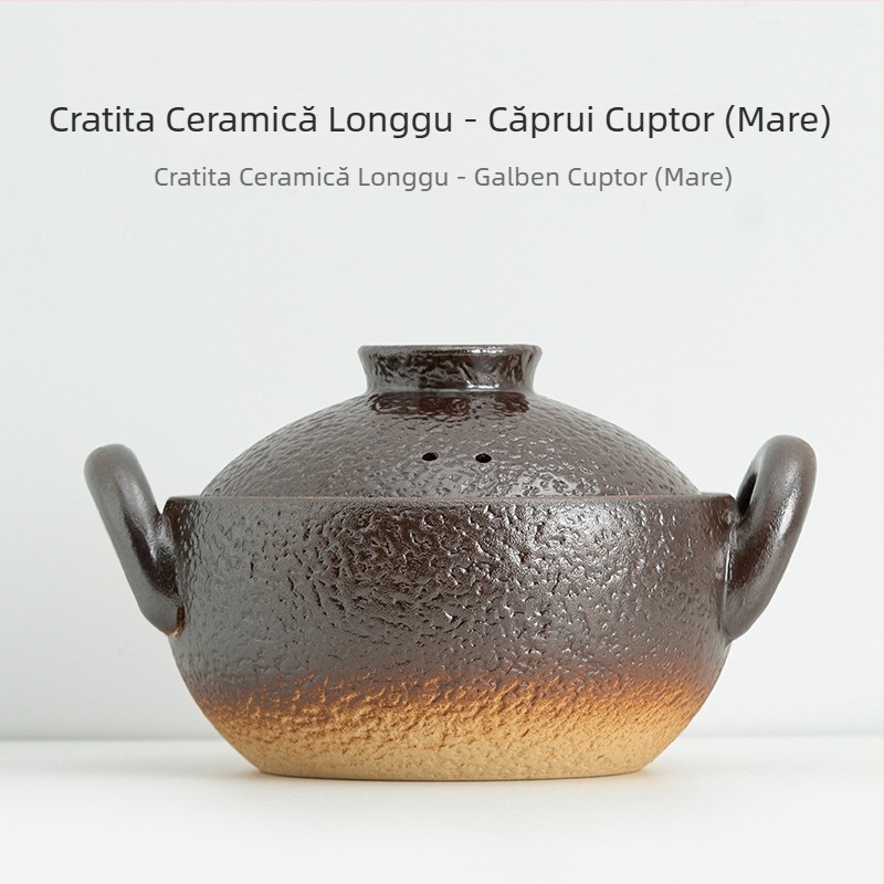 Caserolă ceramică vintage cu două mânere pentru supe și tocană, oală mică cu bază plată, rezistentă la temperaturi înalte, potrivită pentru aragaz cu gaz și flacără deschisă