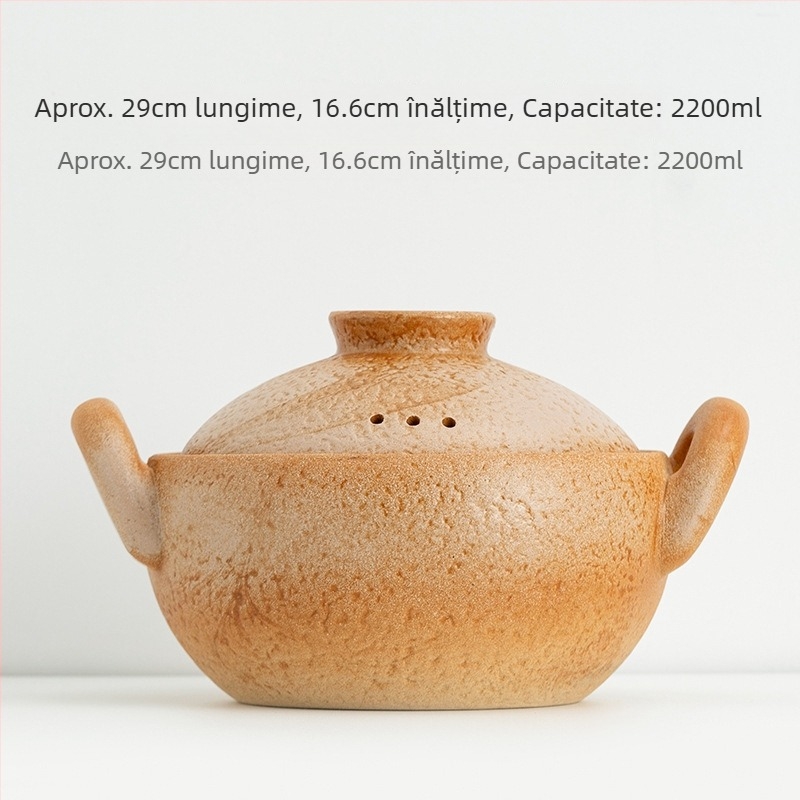 Caserolă ceramică vintage cu două mânere pentru supe și tocană, oală mică cu bază plată, rezistentă la temperaturi înalte, potrivită pentru aragaz cu gaz și flacără deschisă