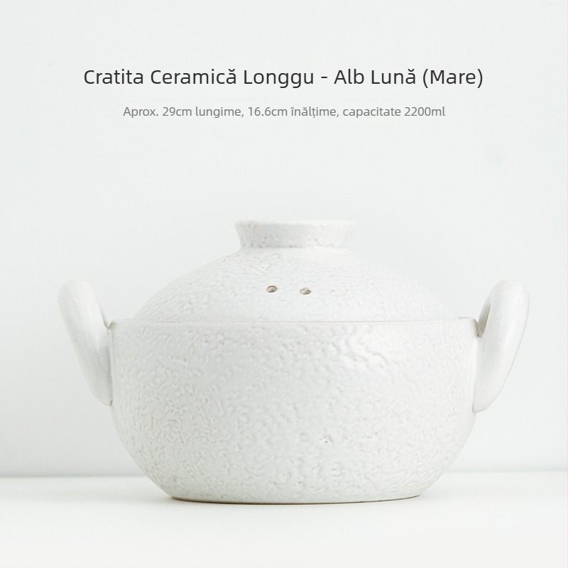 Caserolă ceramică vintage cu două mânere pentru supe și tocană, oală mică cu bază plată, rezistentă la temperaturi înalte, potrivită pentru aragaz cu gaz și flacără deschisă