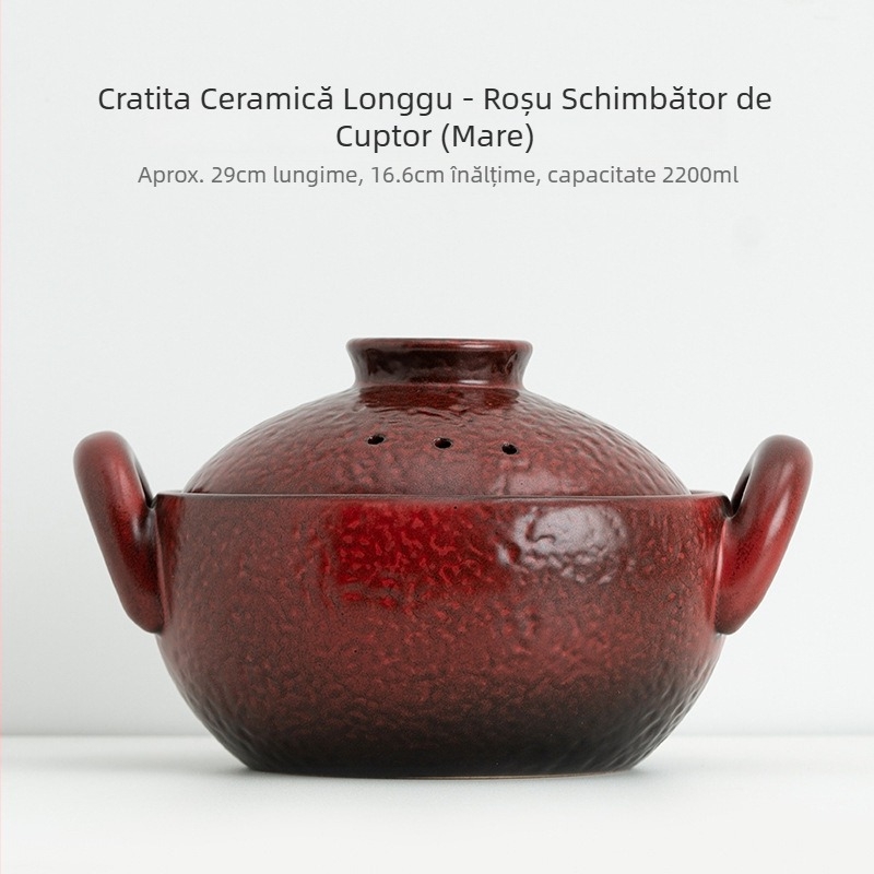 Caserolă ceramică vintage cu două mânere pentru supe și tocană, oală mică cu bază plată, rezistentă la temperaturi înalte, potrivită pentru aragaz cu gaz și flacără deschisă