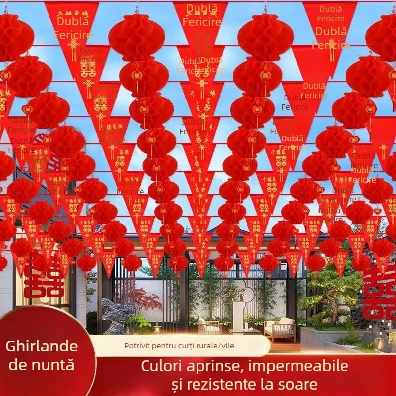 Ghirlandă de steaguri triunghiulare pentru nuntă, cu litere decupate de fericire, steaguri colorate și mici felinare