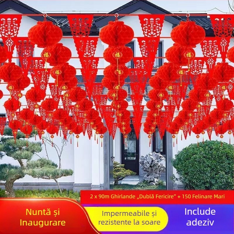 Ghirlandă de steaguri triunghiulare pentru nuntă, cu litere decupate de fericire, steaguri colorate și mici felinare