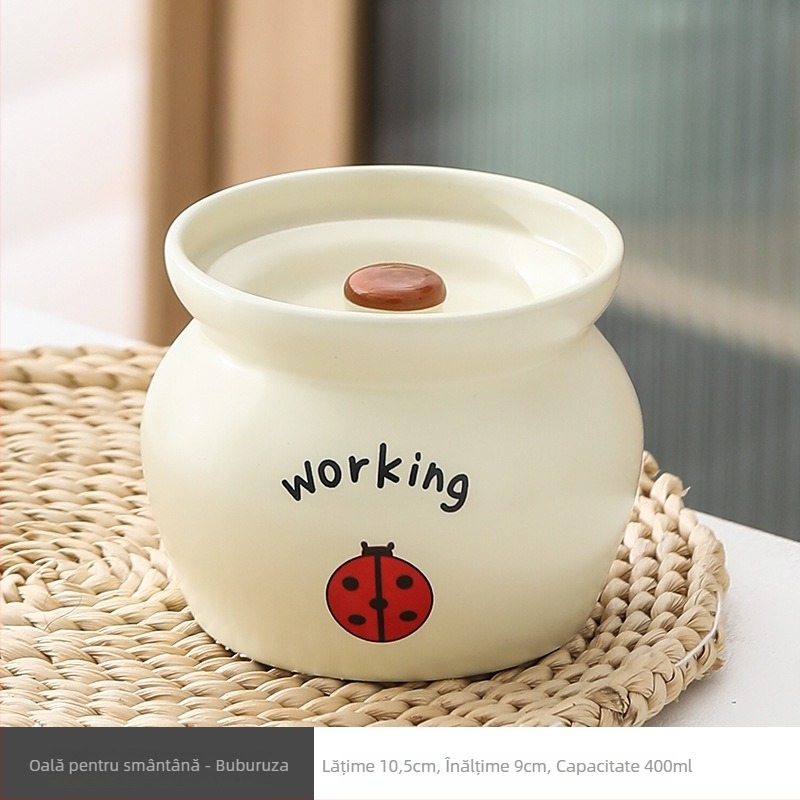 Oală ceramică pentru o singură porție, crem, cu design cu un animal mic, rezistentă la temperaturi înalte, ceramică îngroșată, stil minimalist, gătire la abur în baie de apă