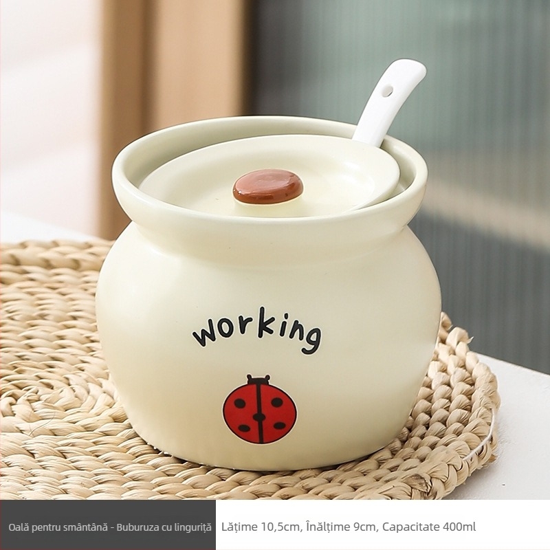 Oală ceramică pentru o singură porție, crem, cu design cu un animal mic, rezistentă la temperaturi înalte, ceramică îngroșată, stil minimalist, gătire la abur în baie de apă