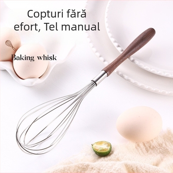 Bătător manual pentru ouă din oțel inox 304 cu mâner din lemn – pentru uz casnic și profesional, amestecare făină și cremă.