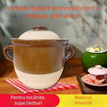 Oală ceramică din lut autentică, tradițională, pentru fierberea supelor, a cărnii și decocturi acasă
