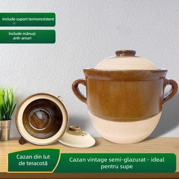 Oală ceramică din lut autentică, tradițională, pentru fierberea supelor, a cărnii și decocturi acasă