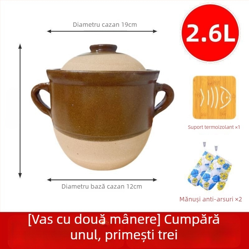 Oală ceramică din lut autentică, tradițională, pentru fierberea supelor, a cărnii și decocturi acasă