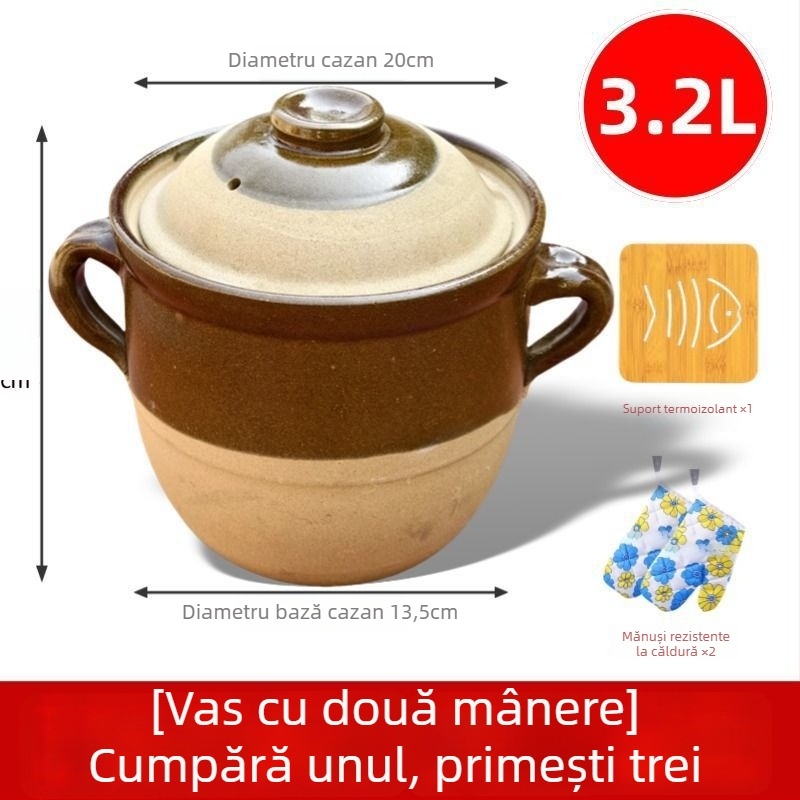 Oală ceramică din lut autentică, tradițională, pentru fierberea supelor, a cărnii și decocturi acasă