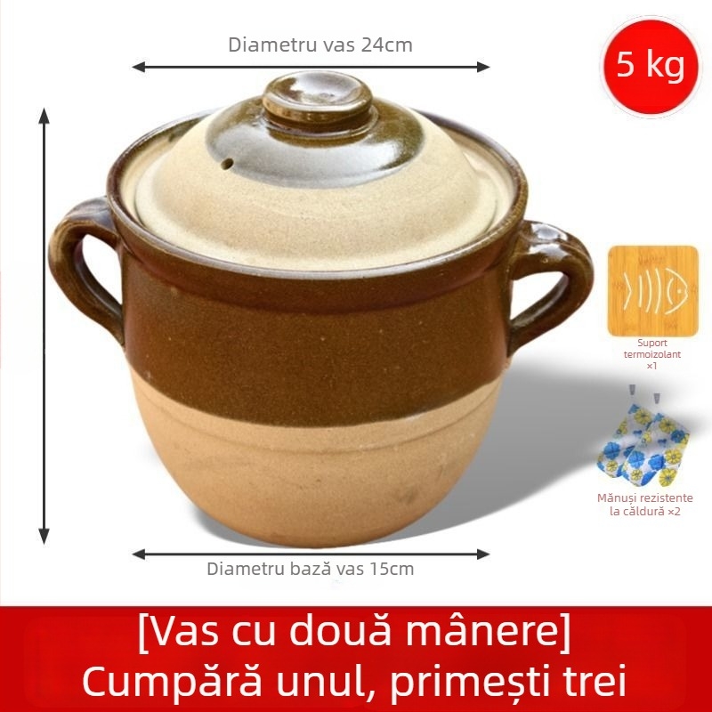 Oală ceramică din lut autentică, tradițională, pentru fierberea supelor, a cărnii și decocturi acasă