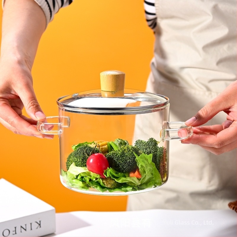Colorful Oală din sticlă borosilicat de înaltă rezistență pentru supe și lapte, capac din sticlă transparent, 1.1–2 L, model YL-220