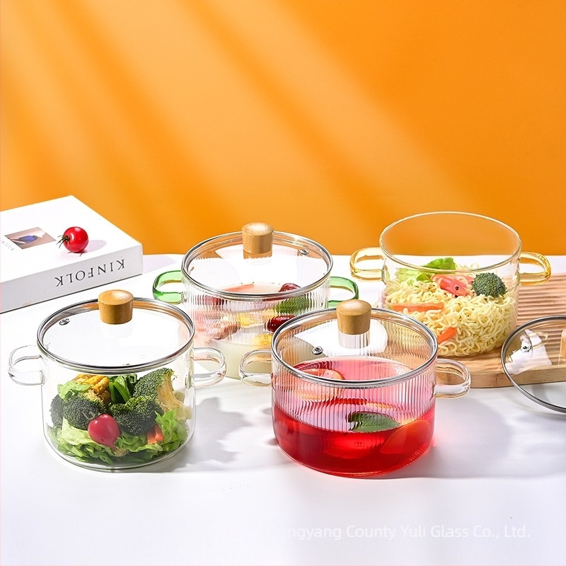 Colorful Oală din sticlă borosilicat de înaltă rezistență pentru supe și lapte, capac din sticlă transparent, 1.1–2 L, model YL-220