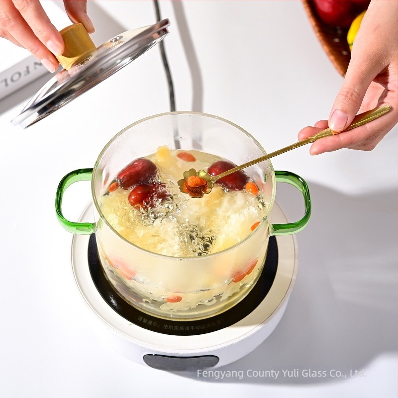 Colorful Oală din sticlă borosilicat de înaltă rezistență pentru supe și lapte, capac din sticlă transparent, 1.1–2 L, model YL-220