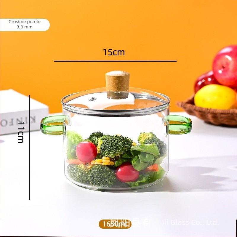 Colorful Oală din sticlă borosilicat de înaltă rezistență pentru supe și lapte, capac din sticlă transparent, 1.1–2 L, model YL-220